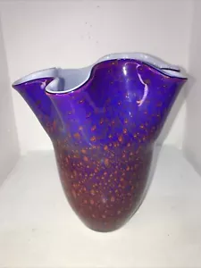Gefasst Kunstglas blau rot Lava mundgeblasen Taschentuch Vase Glimmer Flocken - Bild 1 von 10