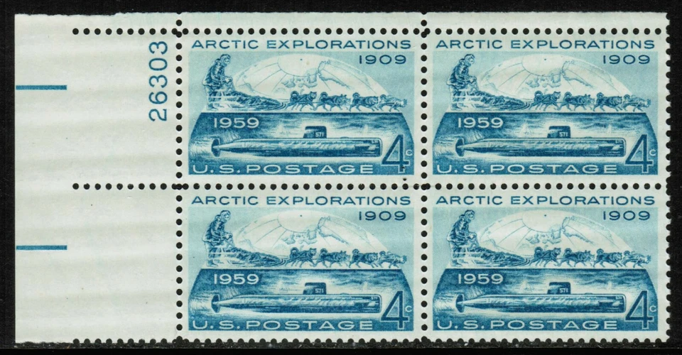 US USA Sc# 1128 MNH FVF PLATE # BLOCK Arctic Dog Sled Nautilus Submarine Map - Image 1 of 1