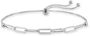 Italian 925 Sterling Silver Adjustable Paperclip Chain Bolo Bracelet For Women - Picture 1 of 4