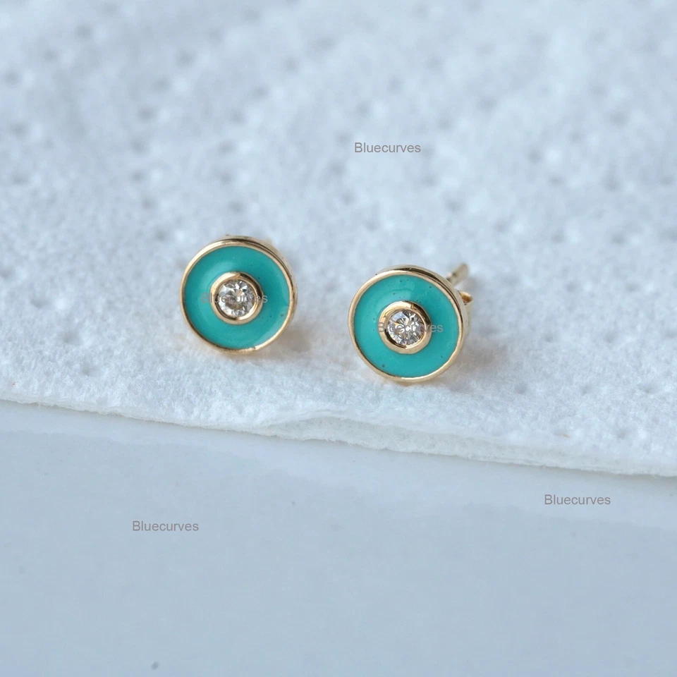 Turquoise Enamel Disc Stud Earrings Diamond Solid 18k Yellow Gold Fine Jewelry - Image 1 of 4
