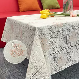 Waterproof Oilproof Vinyl Table Cover, Plastic Lace Tablecloth for Rectangle Tab - Picture 1 of 6