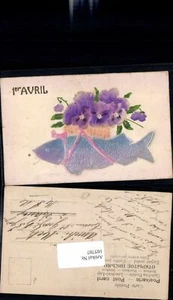 105707,Relief Präge Litho Blumen Fisch 1 April - Picture 1 of 1