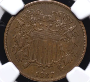 1867 TWO CENT PIECE NGC AU 53 BN NICE EVEN MEDIUM MILK CHOCOLATE, LIGHT WEAR, - Picture 1 of 6