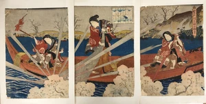 Kunisada Holzschnitt Triptychon: Drei Schreine am Miyatogawa Fluss ca. 1844-48 - Bild 1 von 19