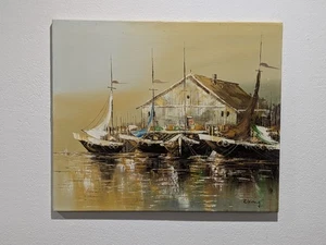 Pintura al óleo vintage de 20" x 24" puerto paisaje marino paisaje marino sobre lienzo de R. King - Imagen 1 de 8