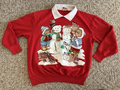 Vtg 90s  Teddy Bear Snow Ugly Christmas Nutcracker Sweatshirt Collar Granny - Image 1 of 4