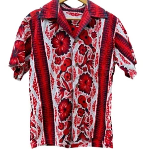 Hawaiian Red Hibiscus Flower Ukulele Vintage white button up shirt Size XL - Picture 1 of 6