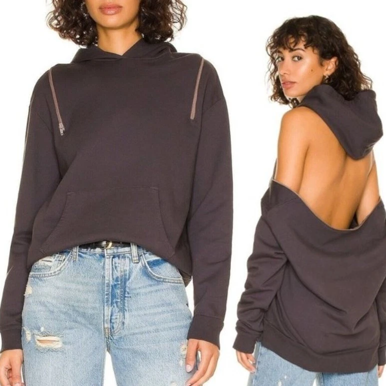 Monrow Open Back Zipper Hoody Size XS Pullover Charcoal Black Hoodie HT1141