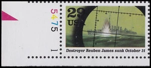 US 2559f 1941 A World at War Reuben James 29c plate single LL 5475 1 MNH 1991 - Picture 1 of 1