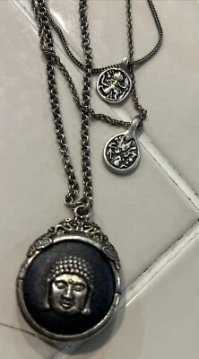 Lucky Brand Buddha Triple Pendant 19" Triple Chain Necklace Black Silver - Image 1 of 4
