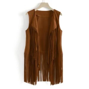 Mujeres 60s 70s Hippie Vaquero Borla Flecos Chaleco Western Vestido Elegante Disfraz - Imagen 1 de 14