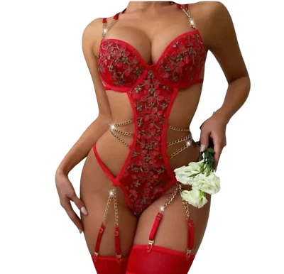 Bodysuit e ligas de malha transparente lingerie floral vermelha GG - Imagem 1 de 4