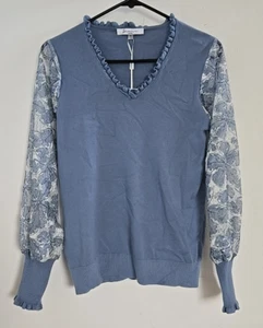 Siani Milano Hydra Blue Knit Sweater Lace Sleeves Floral Women's Size S NEW - Picture 1 of 14