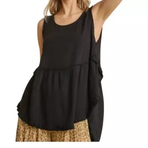 Linen Raw Edge Women's Shirt Blue Large Top High Split Fringe Sleeveless - Picture 1 of 13