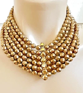 Jose & Maria Barrera 6 Multi Strand Faceted Iridescent Gold Bead Choker Necklace - Picture 1 of 12