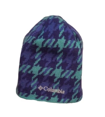 Columbia Youth L/XL  Purple Teal Blue hounds tooth Knit Snow Cap Beanie  Logo - Image 1 of 4