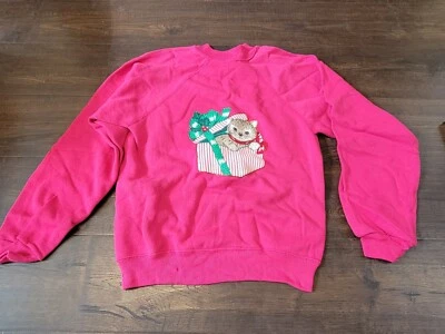 Vtg Hanes Her Way Girls Kid Sz L 14 16 Sweatshirt Christmas Kitten shirt Holiday - Image 1 of 4