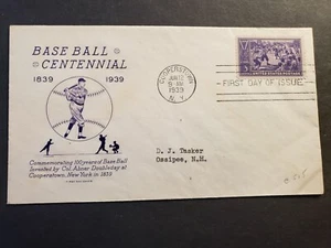 BASEBALL COOPERSTOWN, NY 1939 FDC Postal History Cover GRIMSLAND Cachet #855 - Picture 1 of 2
