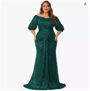 Giffniseti Plus Size Off Shoulder Puff Sleeve Sequin Evening Dress (Green, XL) - Picture 1 of 4