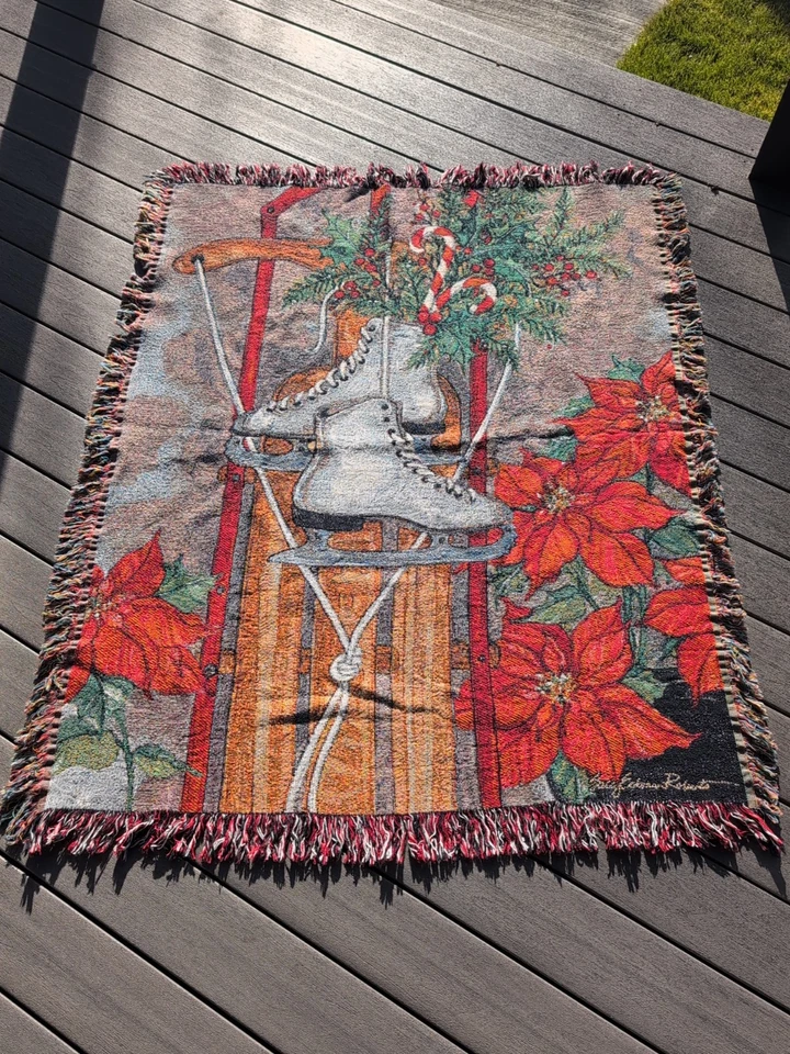Tapestry Throw Blanket Featuring Ice Skates Sled Poinsettia By Sally Eckman - Image 1 of 4
