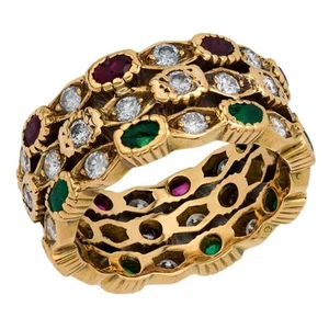 Vintage Cartier Paris diamond ruby emerald 18k yellow gold three band ring - Picture 1 of 5