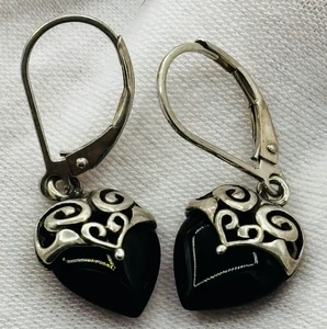 Vintage Leach & Garner Ohrring 925 Sterling filigran Onyx Herz Tropfen Hänger signiert - Bild 1 von 4