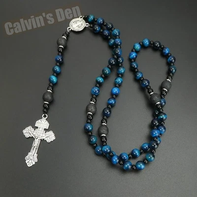 St Benedict Rosary Necklace Blue Tiger Eye Lava Stone Black Onyx Crucifix Cross - Image 1 of 4