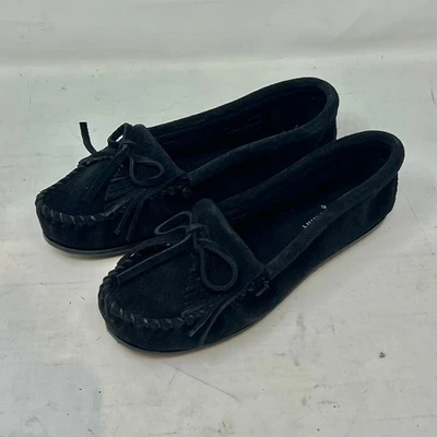 Minnetonka Newport Moc Black Suede Moccasin Shoes Women's Size 6.5 VTG NEW - Image 1 of 4