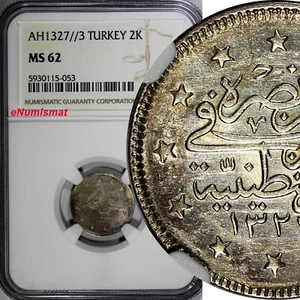 Turkey Mehmed V Silver AH1327//3 (1911) 2 Kurush NGC MS62 Toned KM# 749 (053) - Picture 1 of 4