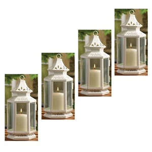 4 Pc Lot White Ornate Iron Victorian Lantern Table Shelf Candle Holder 11" H New - Picture 1 of 9