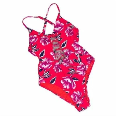 Traje de baño Xhilaration de una pieza con detalle de cordones talla pequeña rosa floral Foto 1 de 4