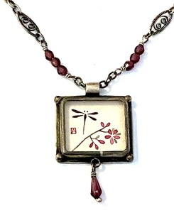 ANANDA KHALSA Hand Painted DRAGONFLY Necklace Sterling Filigree Garnet Chain - Picture 1 of 16