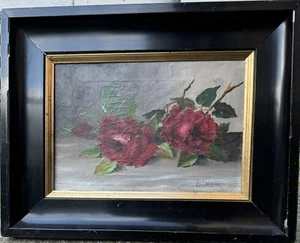 Vintage Black Framed oil Painting: Red Roses On The Table c. 1930 - Signed - Picture 1 of 4
