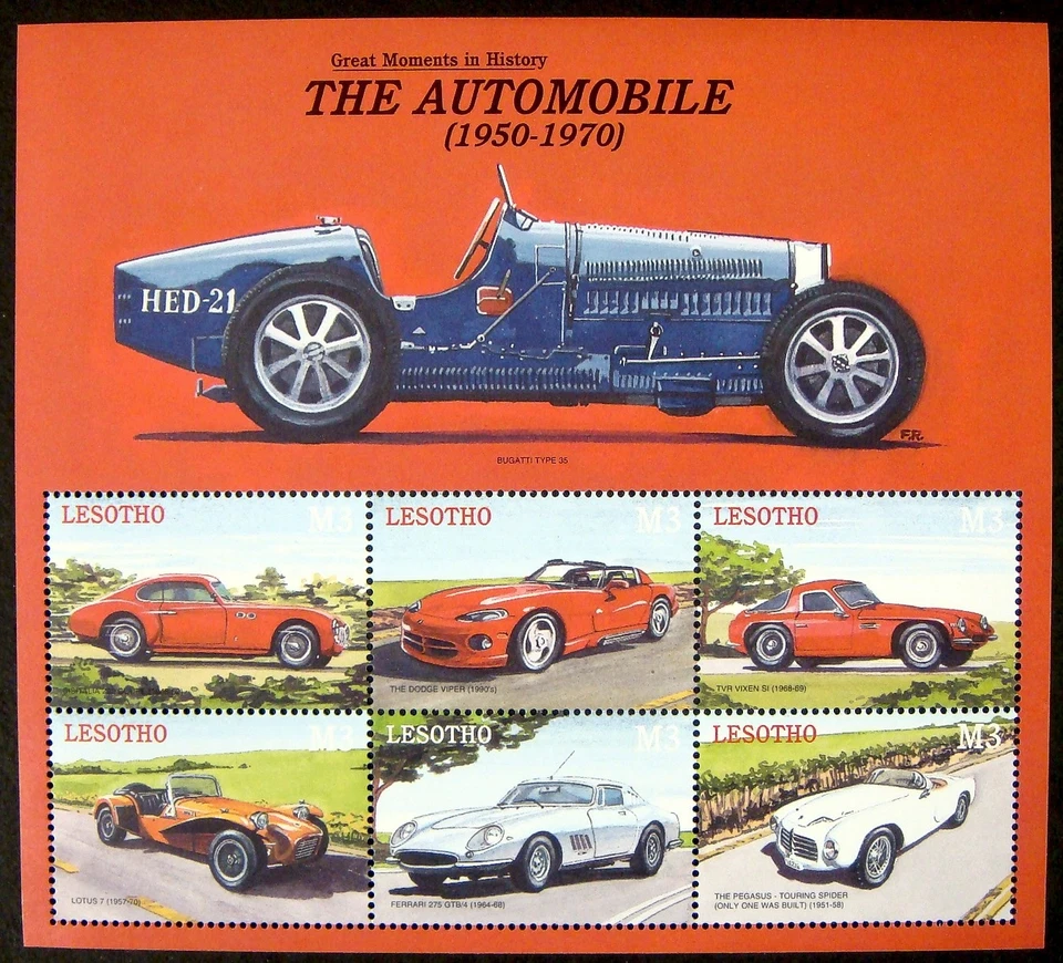 LESOTHO CAR STAMPS SHEET 2000 MNH THE AUTOMOBILE DODGE VIPER FERRARI PEGASUS - Image 1 of 1