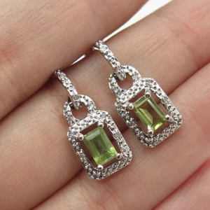 925 Sterling Silver Real Round-Cut Diamond & Emerald-Cut Peridot Dangle Earrings - Picture 1 of 7