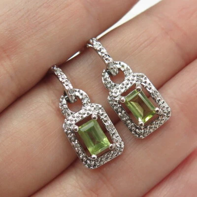 925 Sterling Silver Real Round-Cut Diamond & Emerald-Cut Peridot Dangle Earrings - Image 1 of 4