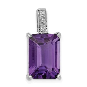 Sterling Silver Rhodium Emerald-cut Amethyst & Diamond Pendant - Picture 1 of 3