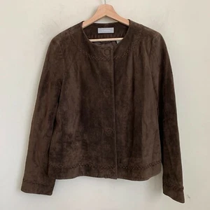 Liz Claiborne Jacket Brown Leather Suede Collarless Embroidered Snaps Lined 12 - Picture 1 of 11