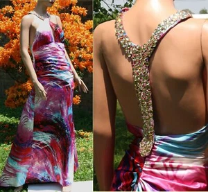 FLIRT Maggie Sottero Pink/Blue Swirl Printed Jeweled Halter Prom Formal~14~NWOT - Picture 1 of 11