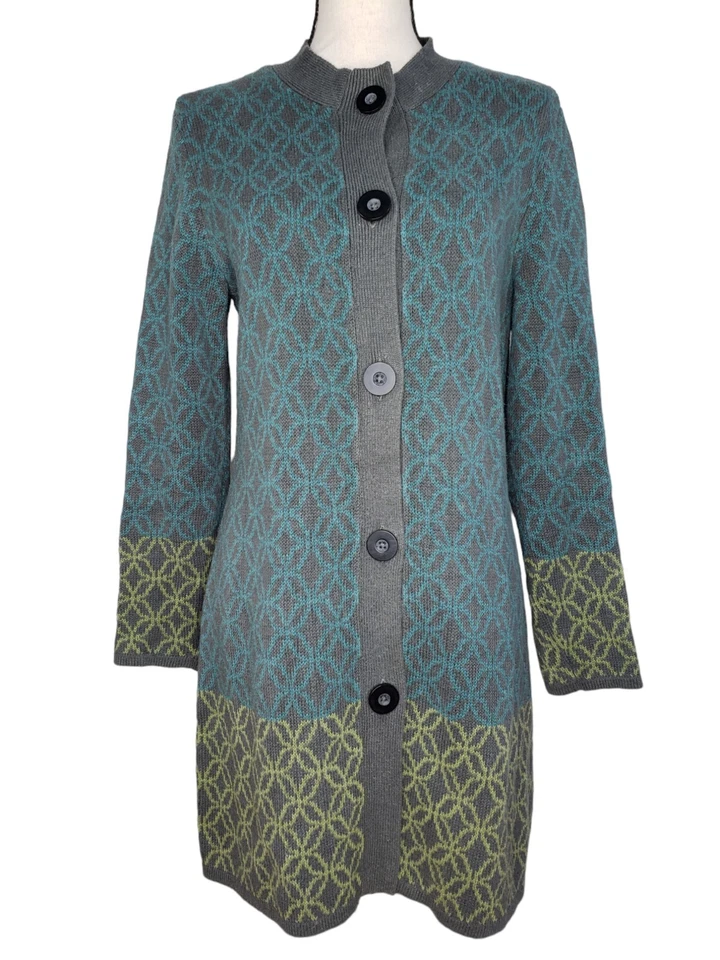 Nomadic Traders Cardigan Sweater Medium Duster Gray Green Geometric L/S - Image 1 of 4