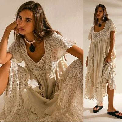 Free People Ethereal Bohemian Bring The Romance Midi Maxi Dress Ivory Small NWT - Image 1 of 4