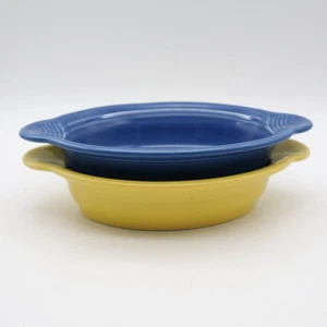 2 Fiesta Ware Oval Individual Casserole Dishes Lapis Blue & Sunflower Yellow - Picture 1 of 5