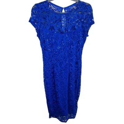 Marina Cobalt Blue Nylon Lace Sequin Cap Sleeve Lined Midi Sheath Dress Size 6 - Image 1 of 4