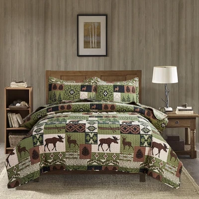 Bedding Set King Size Rustic Cabin Quilts Moose Bear Plaid Patchwork Bedspread  - Image 1 of 4