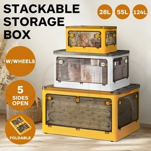 Stacked Storage Box Stackable Bin Organiser Foldable 5 Lid Wheels Large Capacity - Picture 1 of 120