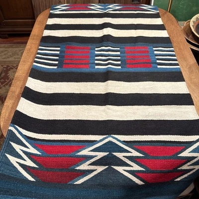 Native Wool Rug Chiefs Style Blanket Stripe Black Teal Green Blue Red 65” AS IS - Image 1 of 4