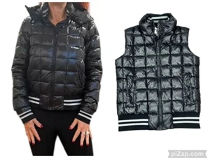 Manteau Black Down Puffer Bomber Jacket Coat OR Vest Hood Girls 16 or Women XS - Picture 1 of 24