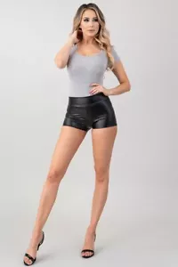 Shorts high waist faux leather mini shorts comfortable stretch casual BK S-M-L - Picture 1 of 6