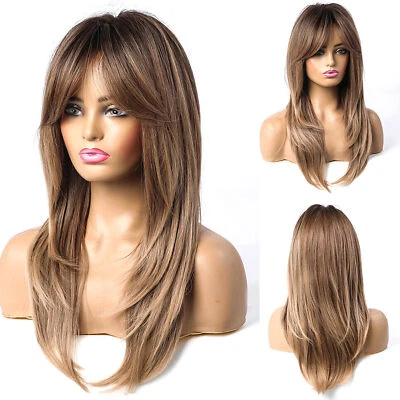 Long Straight Brown Blonde Layered Hair Wigs with Bangs For Women Cosplay Daily - Image 1 of 4