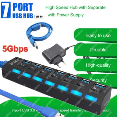 Hub USB 3.0 4 7 puertos adaptador divisor con fuente de alimentación activa distribuidor para PC portátil - Imagen 1 de 4